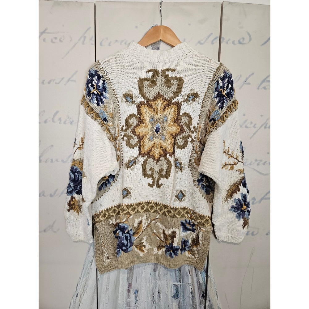 Jennifer Reed Hand Knitted Sweater M Cream Floral Mock‎ Neck Vintage Pullover